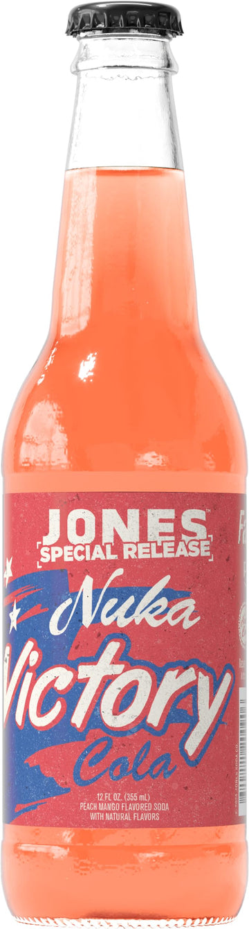 Jones Soda Co. Special Release Nuka Cola Victory | Fallout Merchandise | Cane Sugar Soda | Craft Soda Pop | Soda Soft Drinks | Glass Bottle Soda | Peach & Mango Flavor | (4 Bottles)