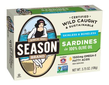 Season Sardines In Olive Oil - Skinless & Boneless, Wild Caught, 20G Of Protein, Keto Snacks, More Omega 3'S Than Tuna, Kosher, High In Calcium, Canned Sardines - 3.75 Oz Tins, 12-Pack