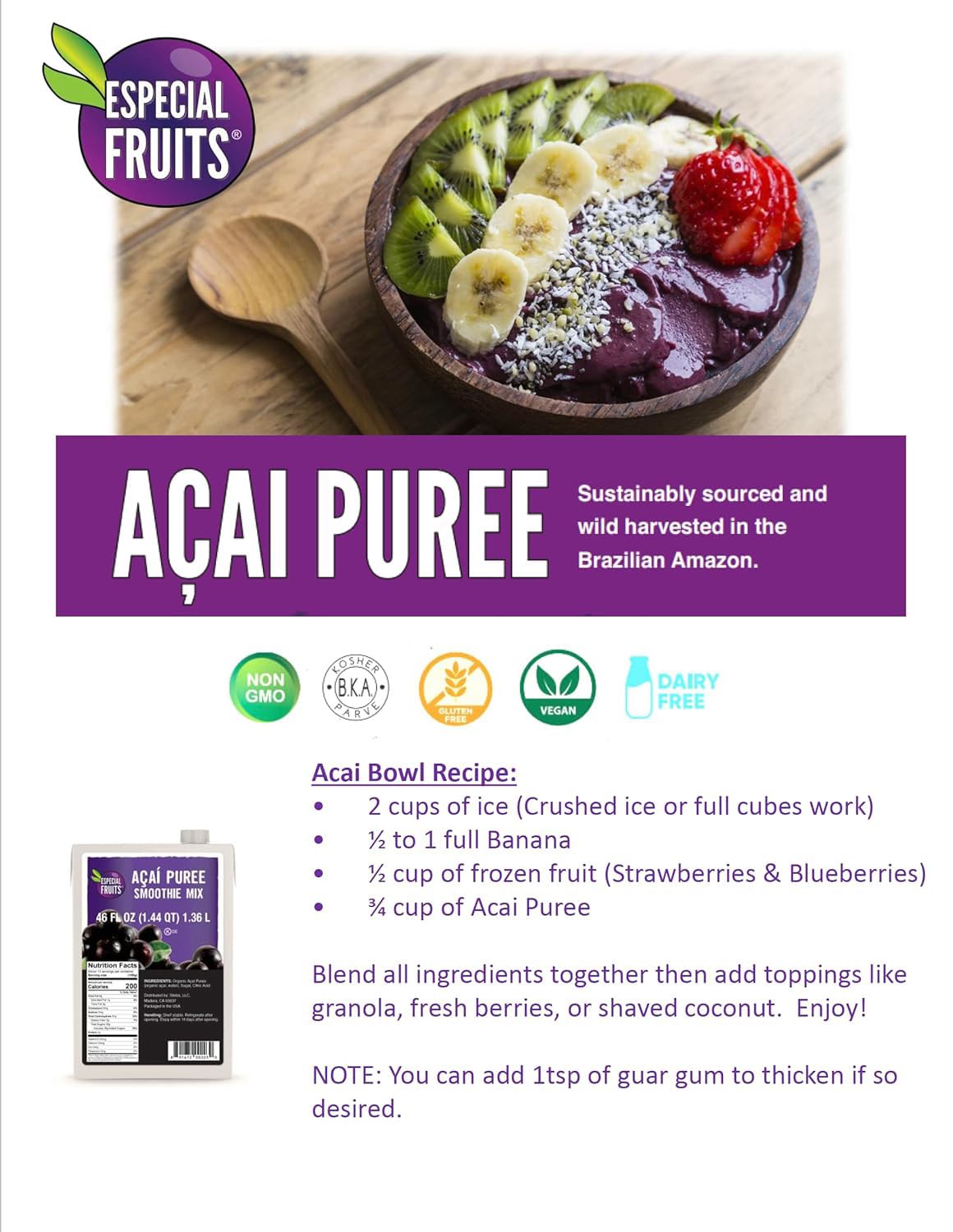 Especial Fruits Acai Berry Puree for Smoothies and Bowls, 276 Fl Oz, Pack of 1