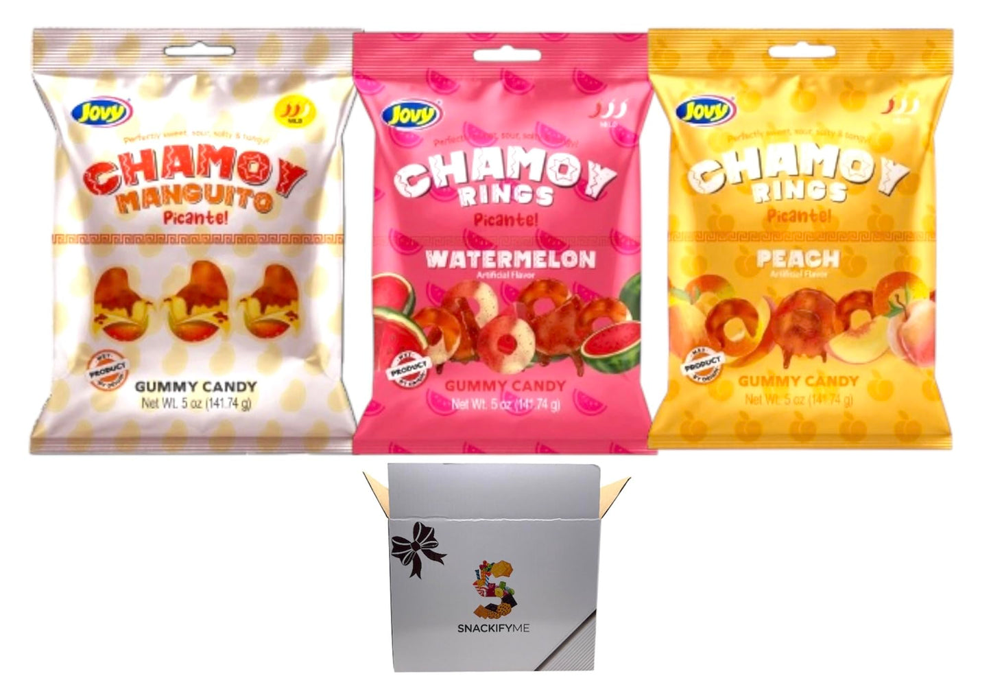 Chamoy Gummy Candy Variety Pack, Manguito, Watermelon, Peach Flavors, Picante, 5 oz Bags, 3 Count in SNACKIFYME Gift Box