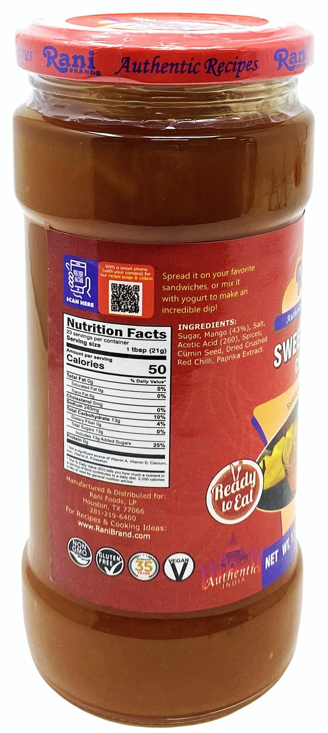 Rani Sweet Mango Chutney (Indian Preserve) 17.6Oz (500G) 1.1Lbs Glass Jar, Ready To Eat, Vegan ~ Gluten Free, All Natural, Non-G