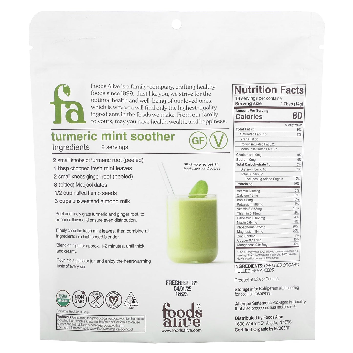 Foods Alive Organic Raw Hulled Hemp Nuts, 8 Oz