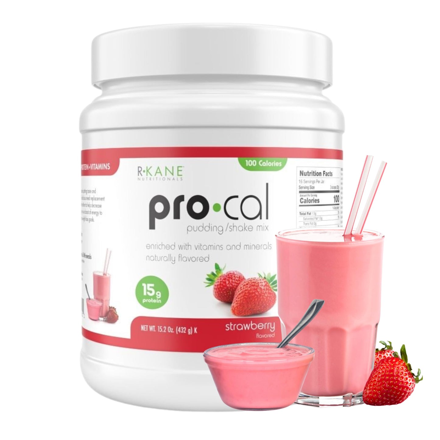 R-Kane Nutritionals Pro-Cal Strawberry Meal Replacement Powder, High Protein, Low Calorie, 16.4 oz, 16 Servings