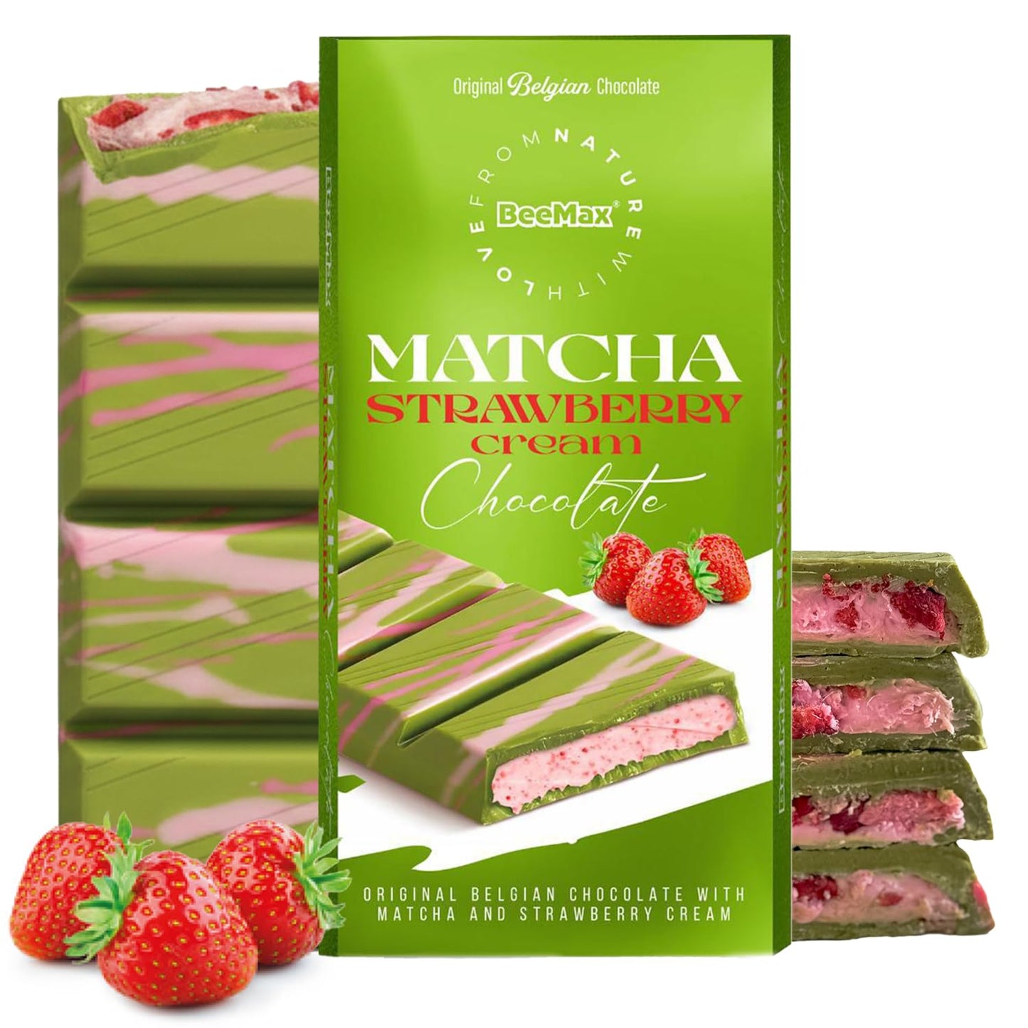 Beemax Matcha Strawberry Cream Dubai Style Chocolate Bar 7Oz (Pack Of 1) - Made W/Oriflavor Blendal Belgian Chocolate Matcha & Strawberry Cream - Middle Eastern Inspired Indulgence - Ideal For Gift Or Special Occasions