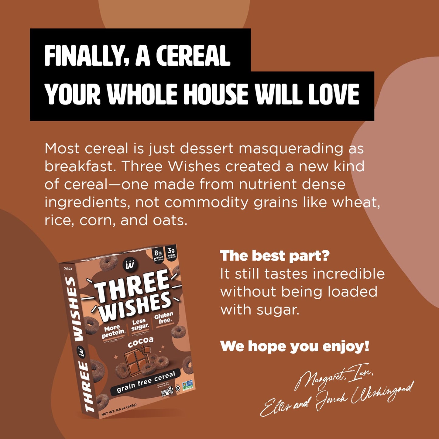 Plant-Based and Vegan Breakfast Cereal by Three Wishes - Cocoa, 6 Pack - More Protein and Less Sugar Snack - Gluten-Free, Grain-