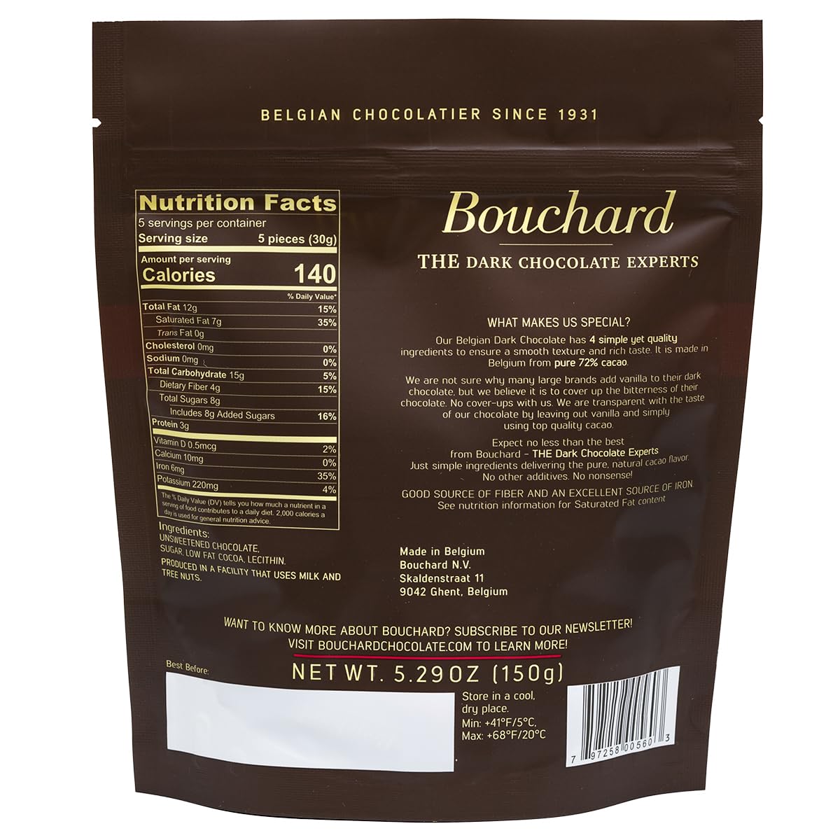 Bouchard Premium Belgian Dark Chocolate 72% Cacao 5.29 OZ (Pack of 4)