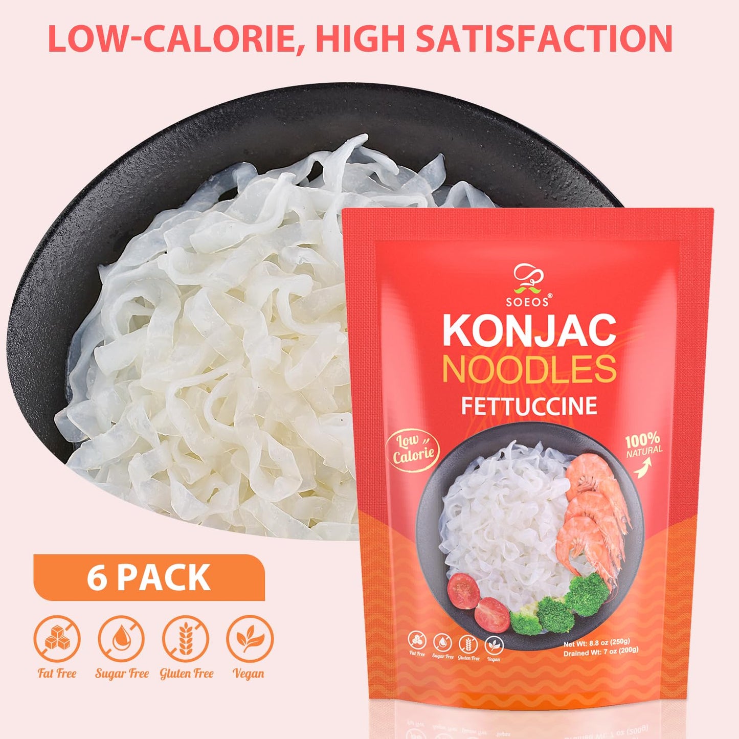 Soeos Konjac Noodles, Fettuccine Pasta, Low Calorie, Low Carb, Keto And Paleo Friendly Shirataki Noodle, Gluten-Free, Fat Free,