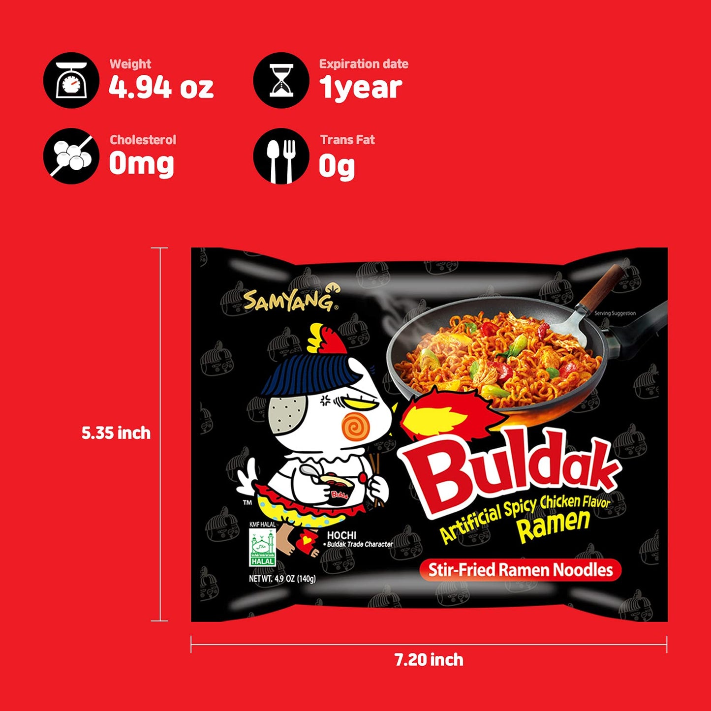 Samyang Buldak (Korean) Hot Spicy Chicken Stir Fried Ramen (Noodles) 4.94 oz (Pack of 40)