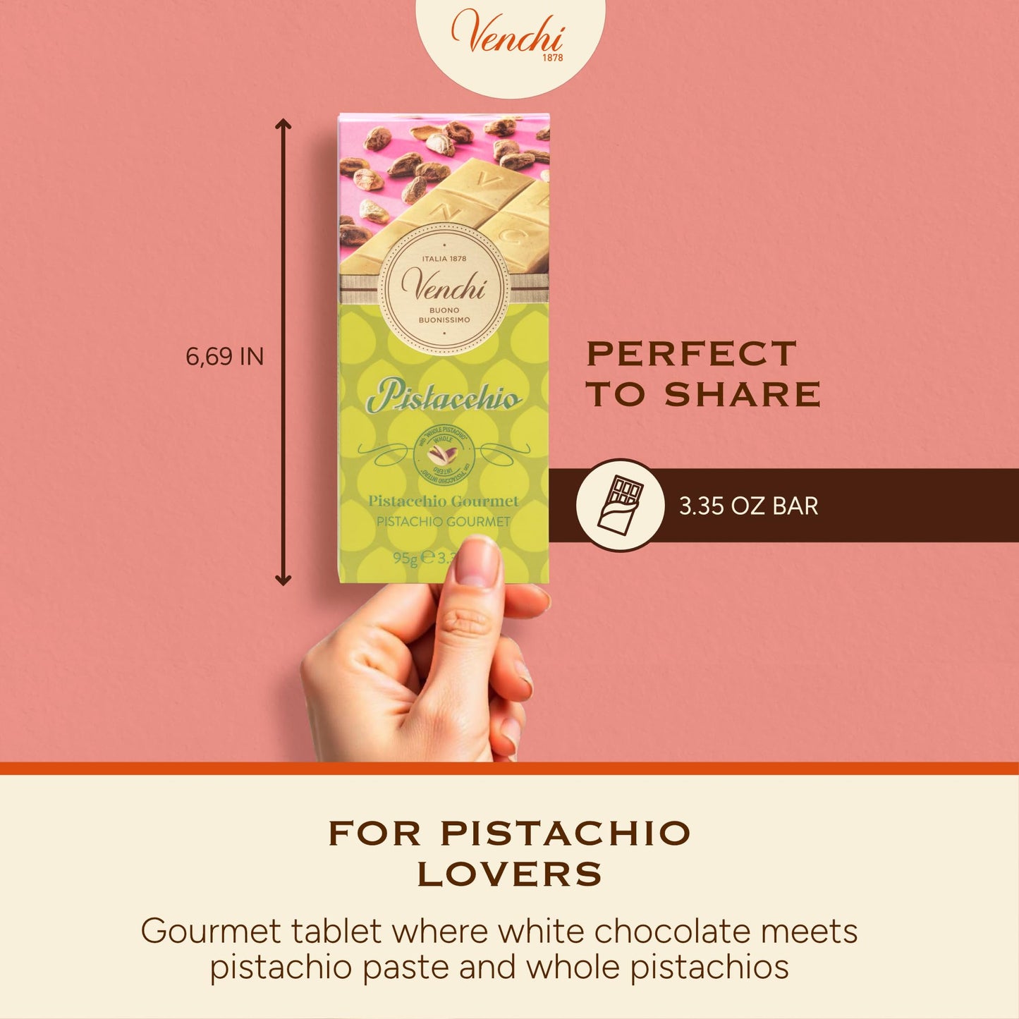 Venchi - Pistachio Gourmet Chocolate Bar - White Chocolate and Pistachio Paste Cream Bar, 3.53 oz - Gluten Free