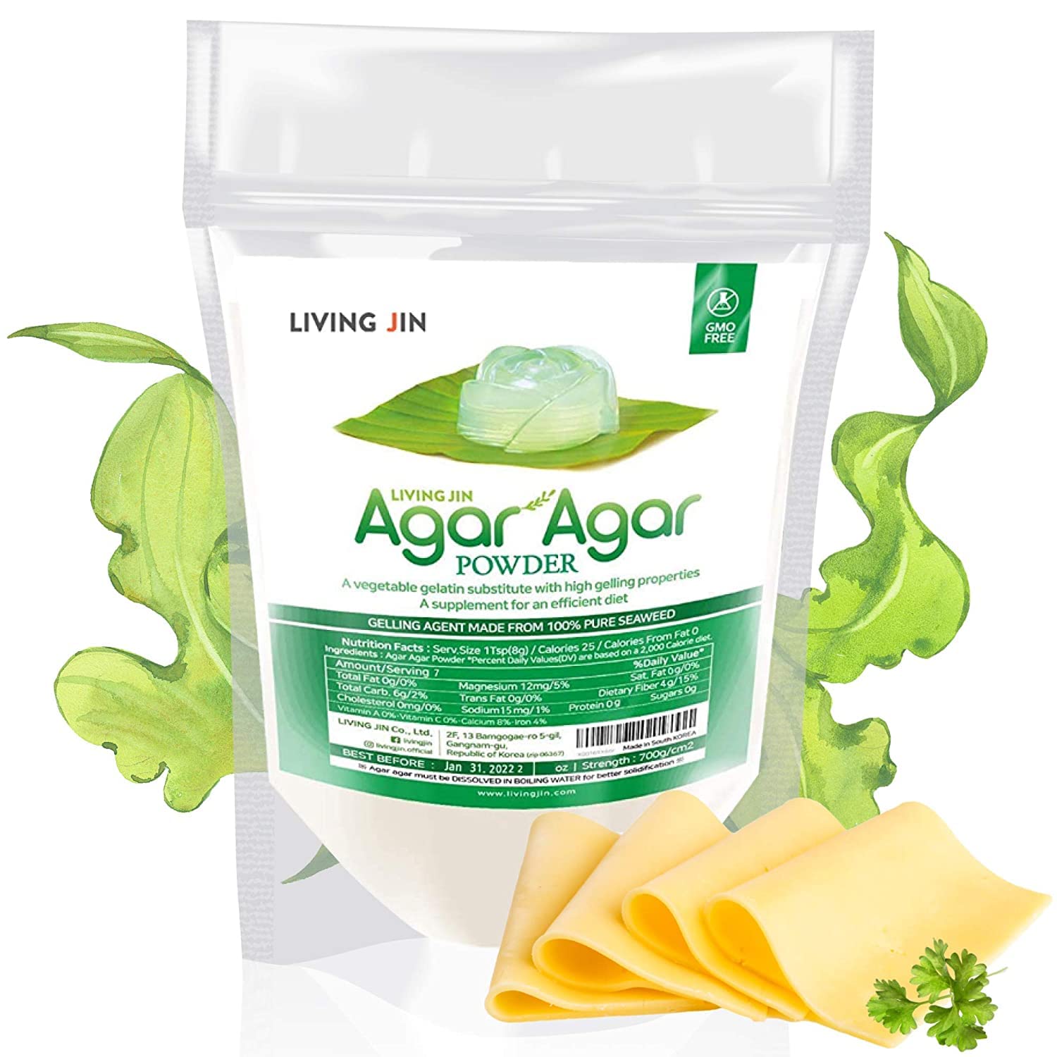 Agar Agar Powder (12Oz), Unflavored Pure Vegan Gelling Agent By Living Jin, Certified Kosher, Halal, Non-Gmo, Gluten-Free, Keto-