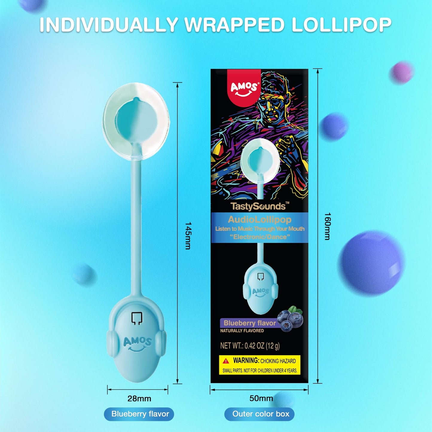 Amos Lollipop Candy, Audio Singing, Natural Blueberry Flavor, Small, Individually Wrapped