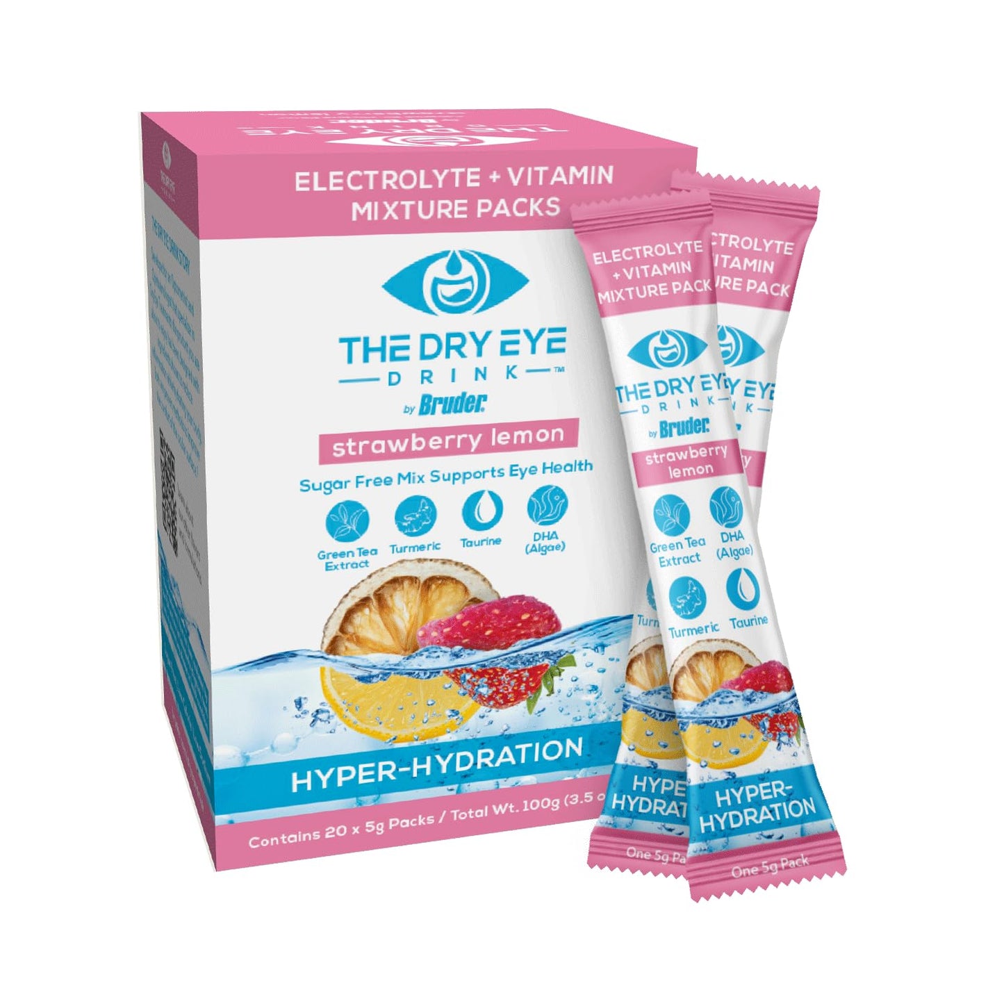 The Dry Eye Drink L Ultimate Hydration For Dry Eyes L Sugar-Free Electrolyte Powder Packets L Blended With Vitamins Green Tea Turmeric Taurine And Dha L 5G X 20 Packets (Strawberry Lemon)