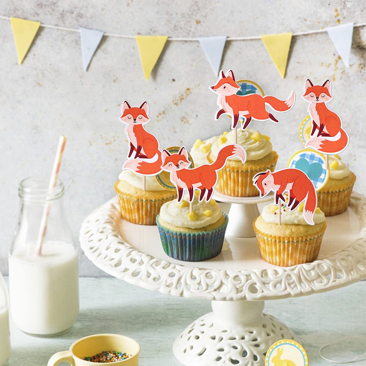 YCTHUNFISH 36 Pack Fox Cupcake Toppers, Bamboo Woodland Animal Picks for Baby Shower and Birthday Party, 6-Fox Color