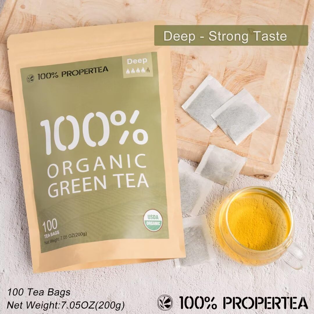 100% Propertea Organic Green Tea Bags, 100 Count Eco-Friendly Tea Bags, Deep Taste, Caffeinated, Rich In Antioxidants, Resealable Pouch