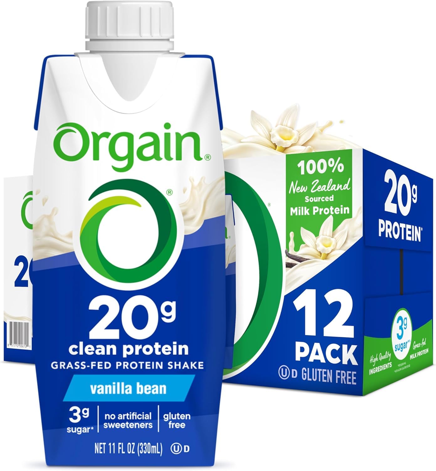 Orgain Clean Protein Shake, Grass Fed Dairy, Vanilla Bean, 20g Protein, 11 Fl Oz, Pack of 12