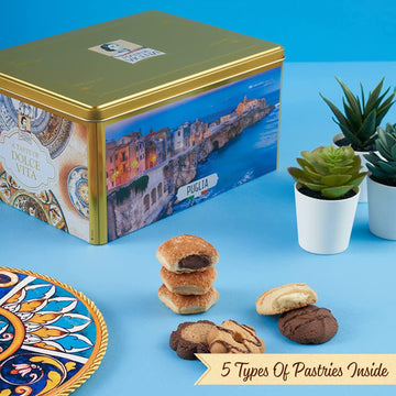 Pasticceria Matilde Vicenzi Puglia Cookie Gift Tin - Assorted Variety Of Bite Size Cream Filled Pastries & Gourmet Italian Short