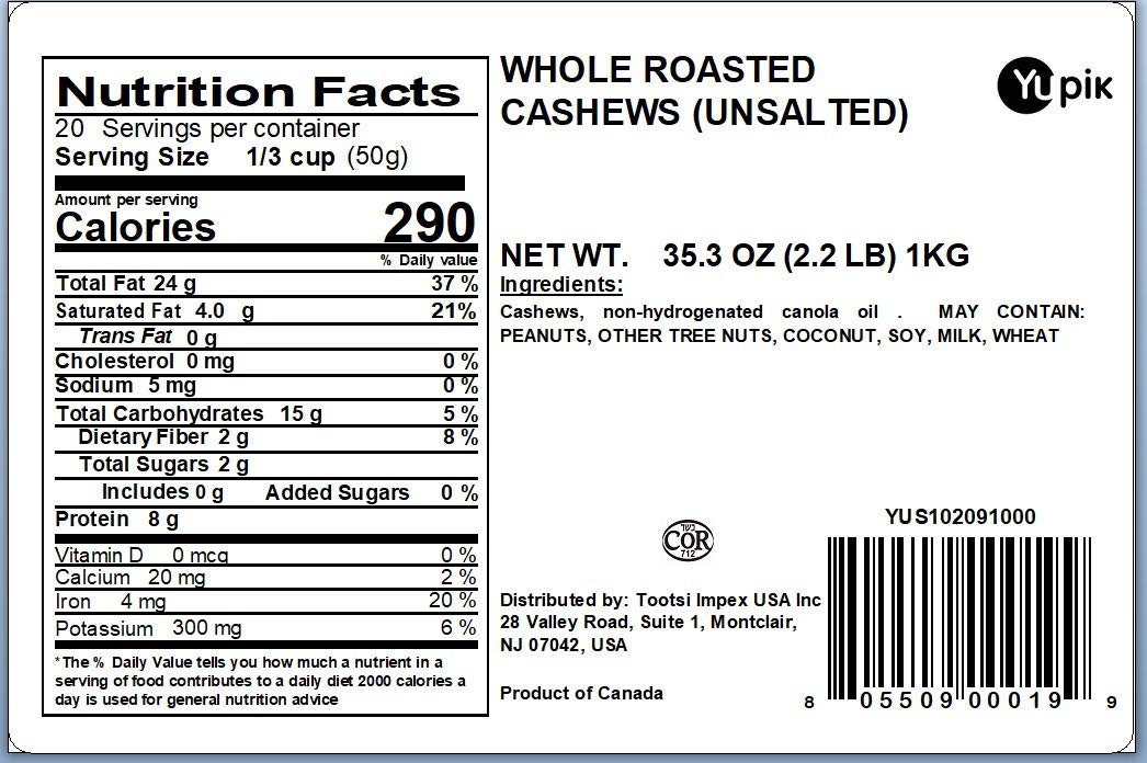 Yupik Roasted Unsalted Whole Cashews, 2.2 Lb, Gluten-Free, Kosher, Vegan, Crunchy Nuts, Lightly Roasted, No Added Salt, Source O