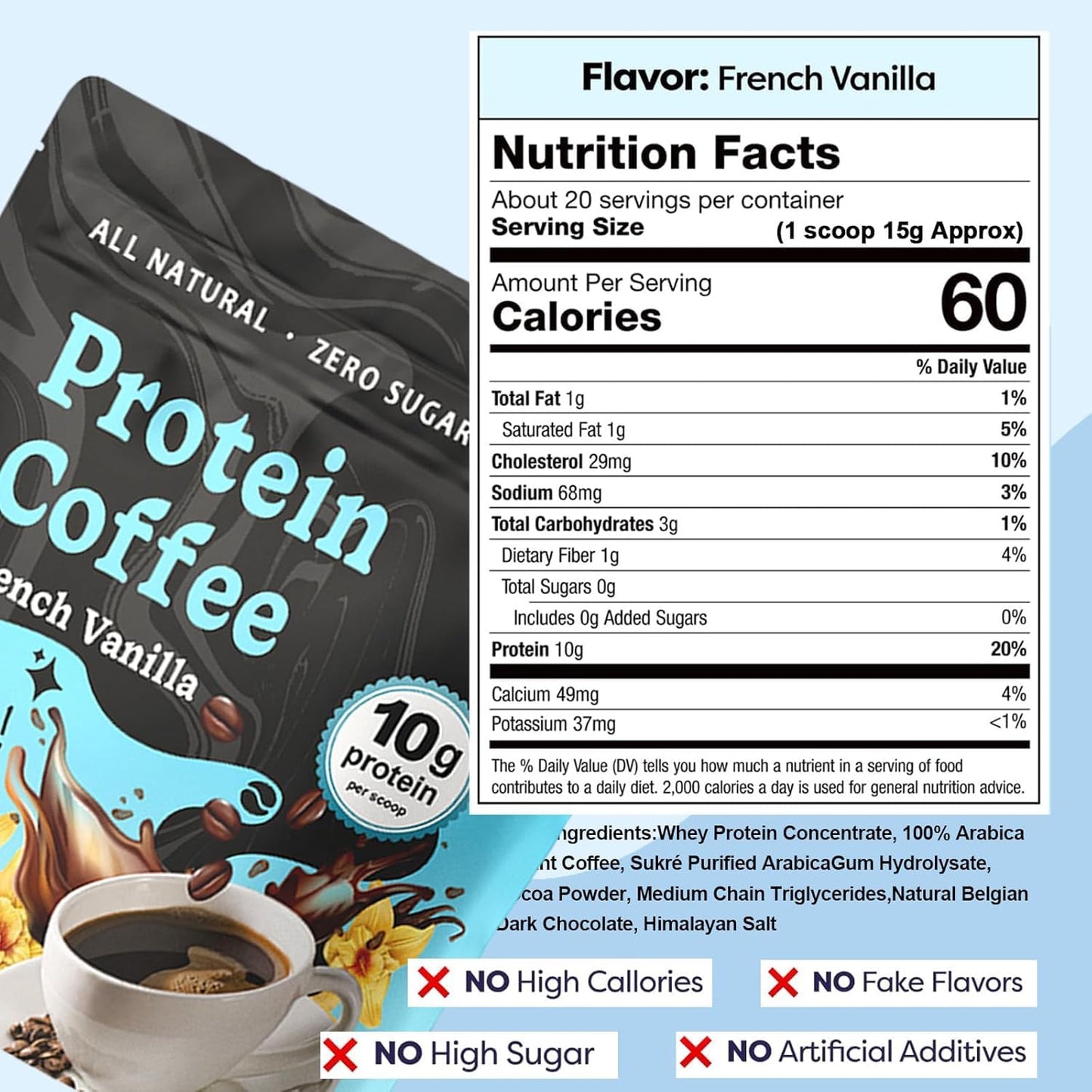French Vanilla Protein Iced Coffee | Cold Brew with Whey Protein and Natural Vanilla Flavor | Low Carb No Added Sugar No Artificial Sweeteners or Flavors | 20 Servings (1pc)