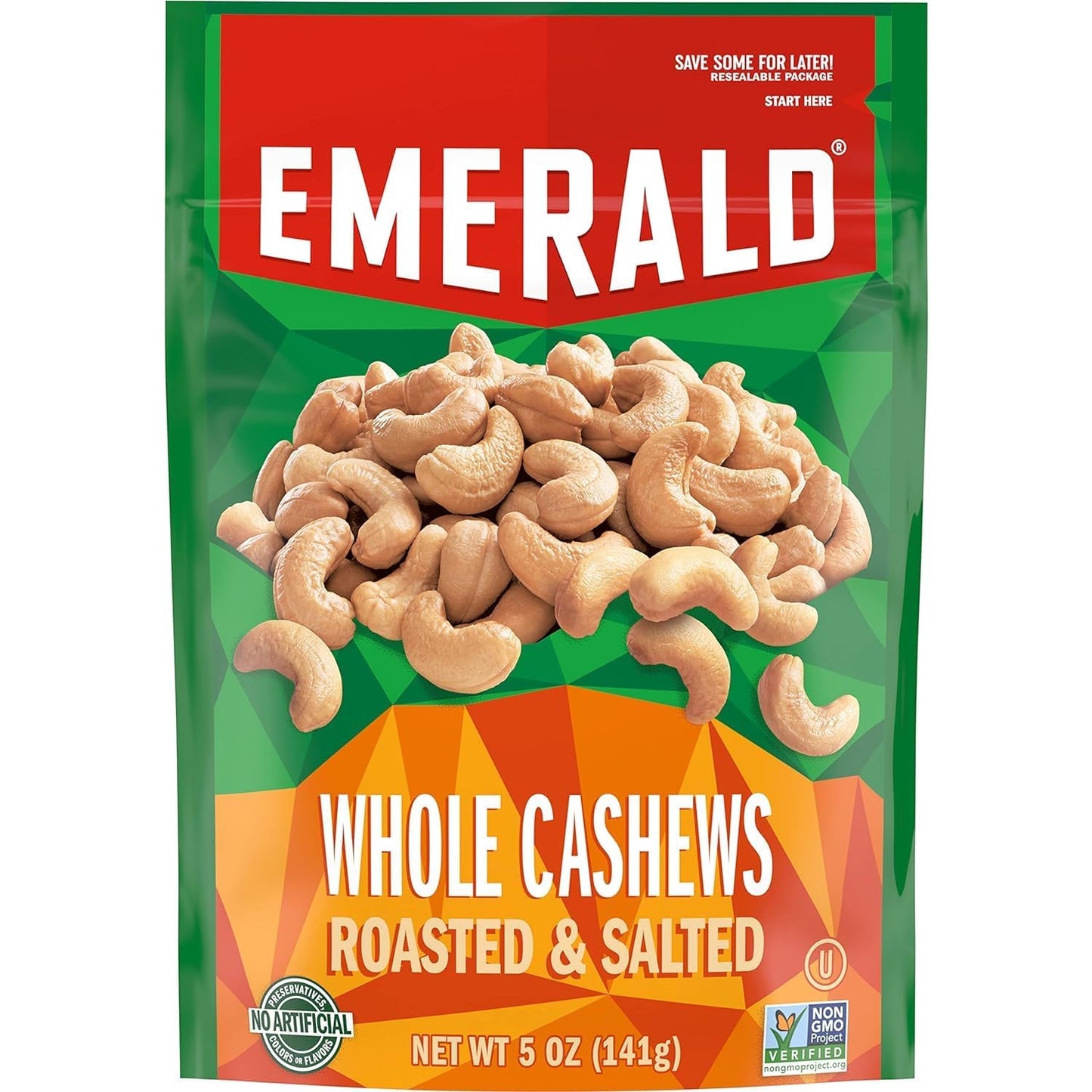 Emerald Nuts, Whole Cashews Roasted & Salted, 5 Oz Resealable Bag (Pack of 3)