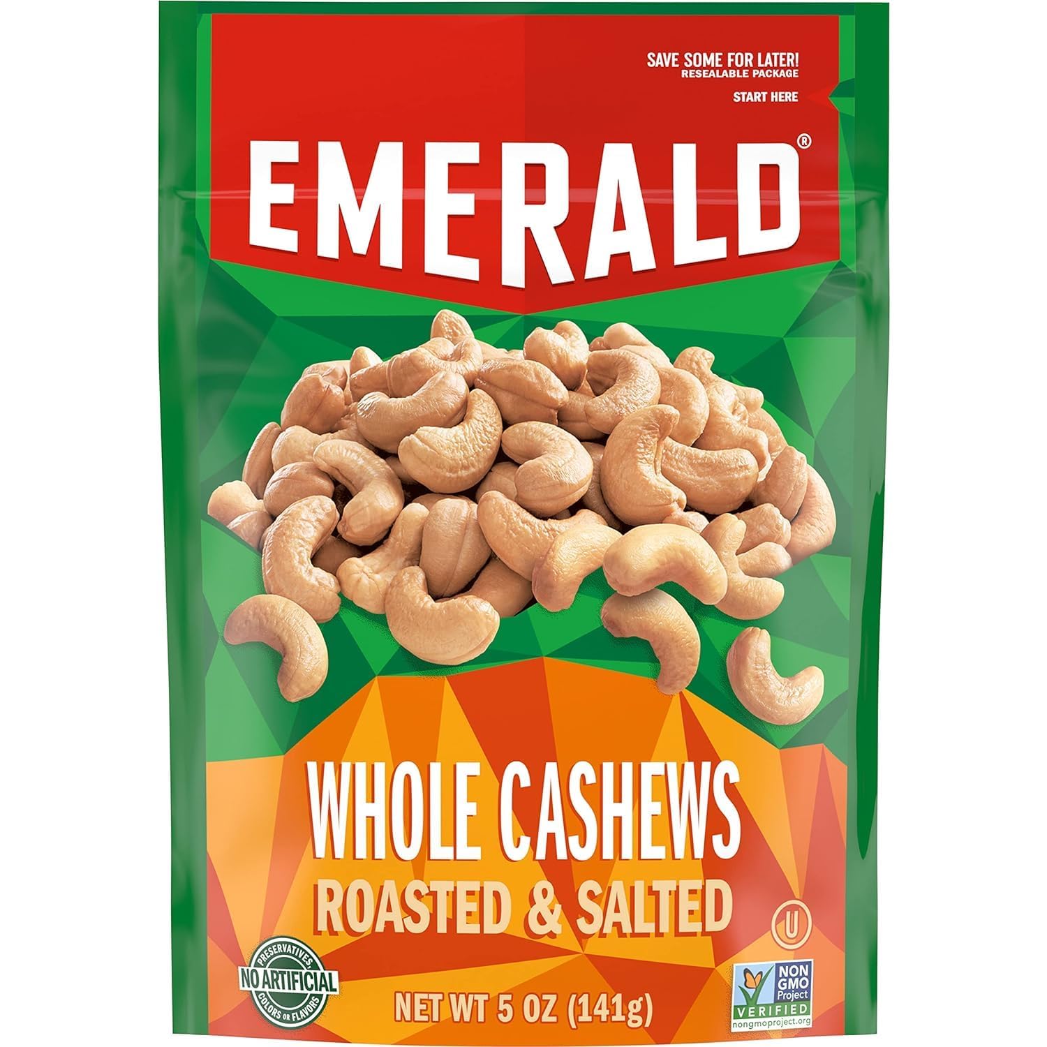 Emerald Nuts, Whole Cashews Roasted & Salted, 5 Oz Resealable Bag (Pack of 3)