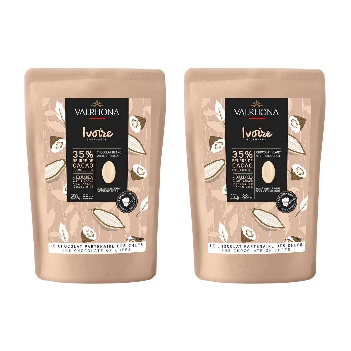 Valrhona Top-Grade French Baking Creamy White Chocolate Discs (Feves) Ivoire 35% Cacao. Easy Melt And Tempering. Hints Of Vanilla & Warm Milk. For Sauces Mousses Frostings And Candies 250G (Pack Of 2)