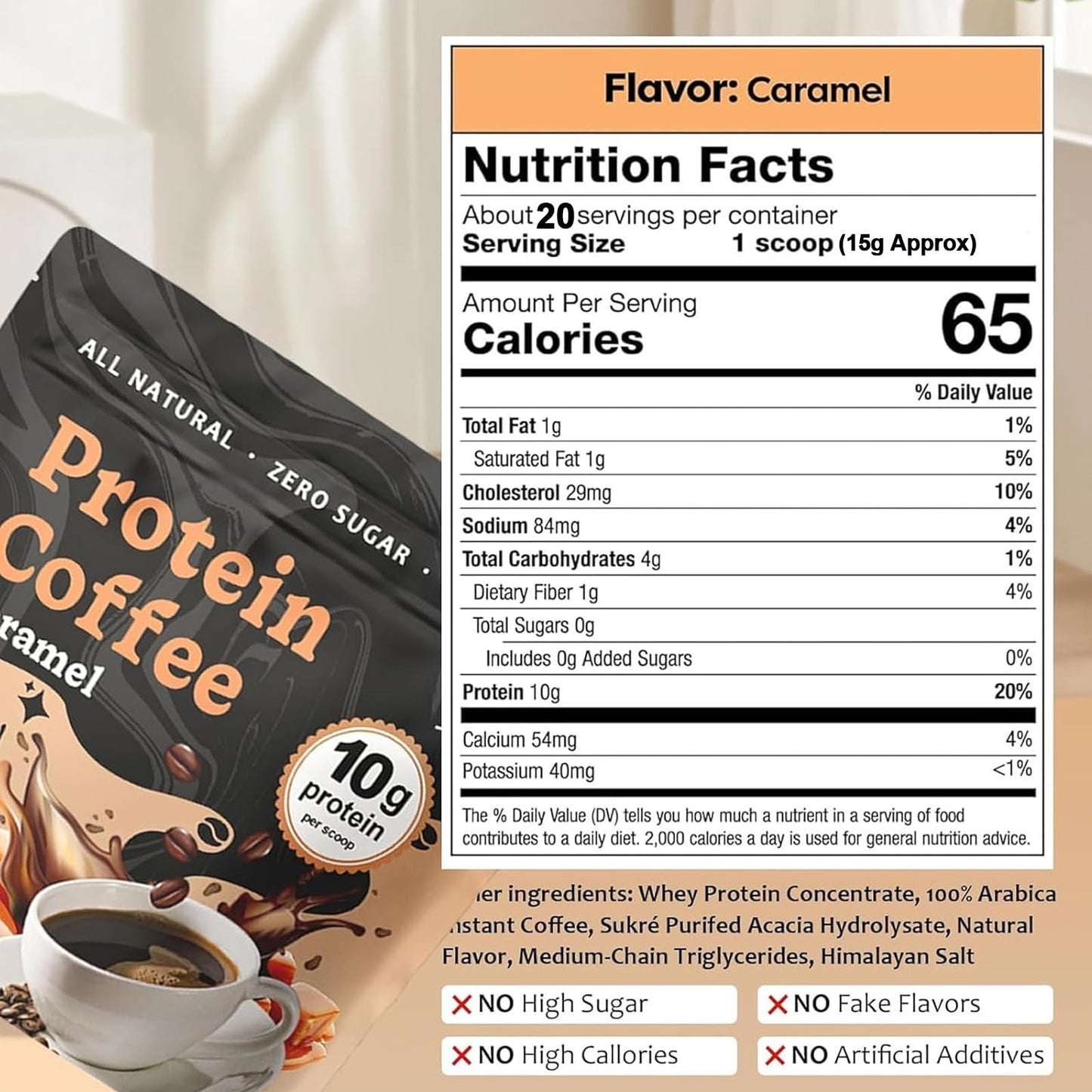 Caramel Protein Coffee Powder - enhanced Whey Protein & Instant 100% Arabica Coffee Low Carb No Added Sugar No Artificial Sweeteners or Flavors 300g (1pc)