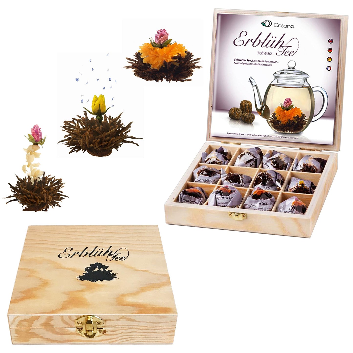 Creano Abloom Tea - Blooming Gift Set In Wooden Box - 12 Pieces In 3 Variations Black