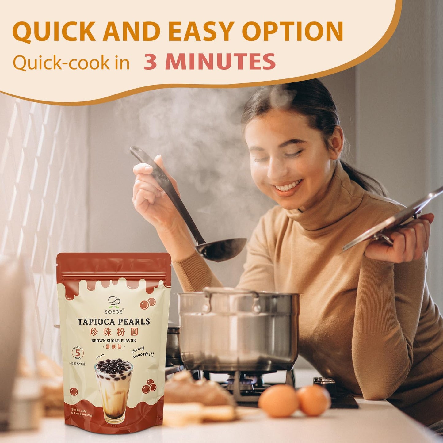 Soeos Boba Pearls, Black Tapioca Pearls 8.8 Oz, Black Sugar Flavor Boba Pearls For Bubble Tea, Smoothies & Desserts - Sweet, Che