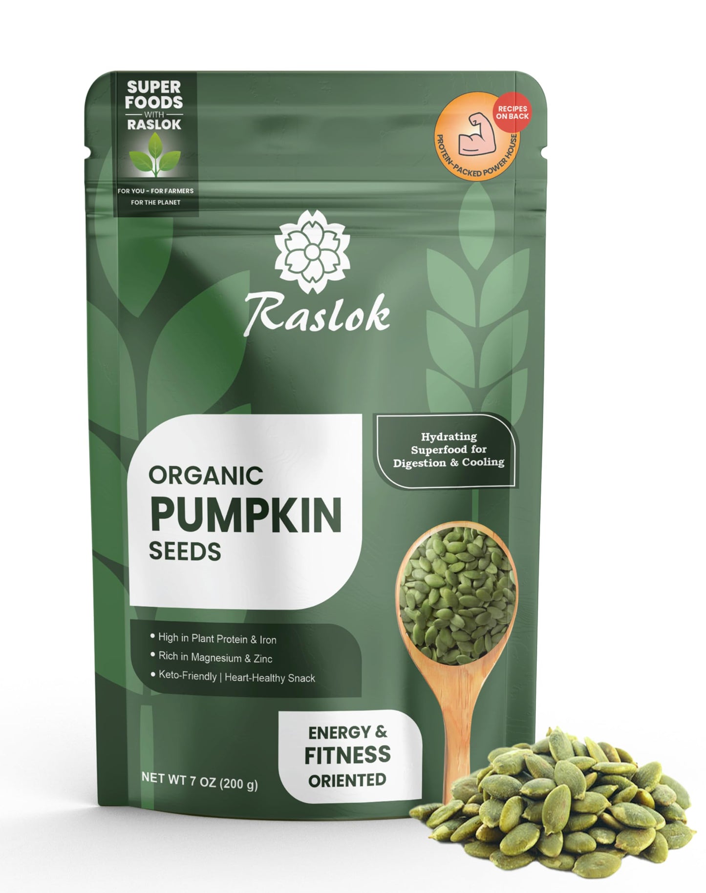 Raslok Pumpkin Seeds 7 Oz (200G) | High Protein Superfood Snack | Rich In Magnesium Zinc & Iron | Raw Shelled Unsalted | Keto-Friendly & Vegan | Resealable Pack