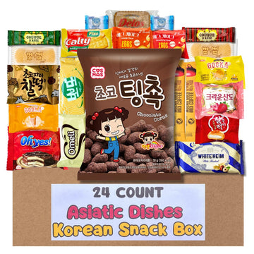 Asiatic Dishes Korean Snack Box - 24 Count Variety Pack with Cookies, Crackers, Coffee Mix, and Candy - Gift Care Package for Ad