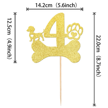1 Pcs 4Th Birthday Cake Topper With Gold Glitter Dog Bone Four Years Old Birthday Cake Pick Puppy Dog Paw Cake Decorations For L