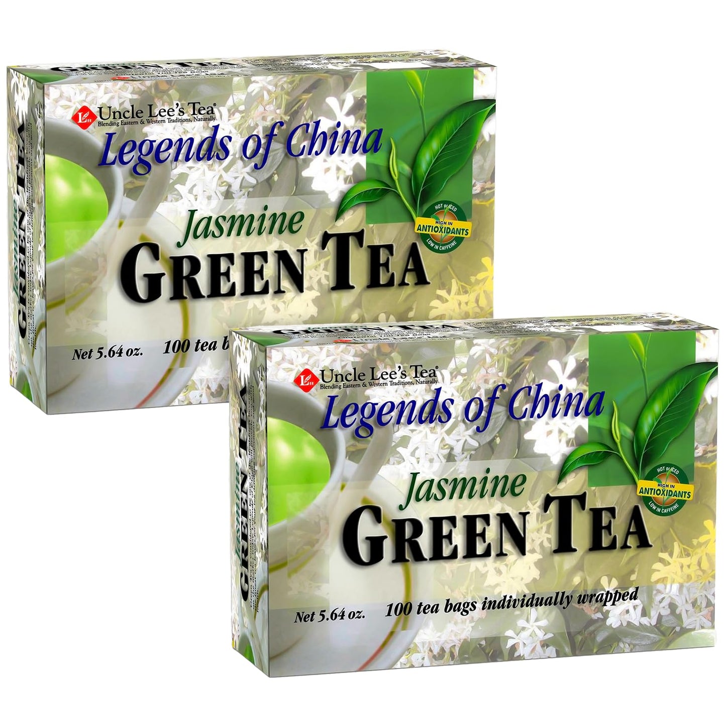 Uncle Lees Top-Grade Green Tea With Jasmine Flowers Lightly Caffeinated 100 Count 2-Pack - Antioxidant-Rich Young Tea Leaves In Individually Wrapped Bags 5.64 Oz Ea