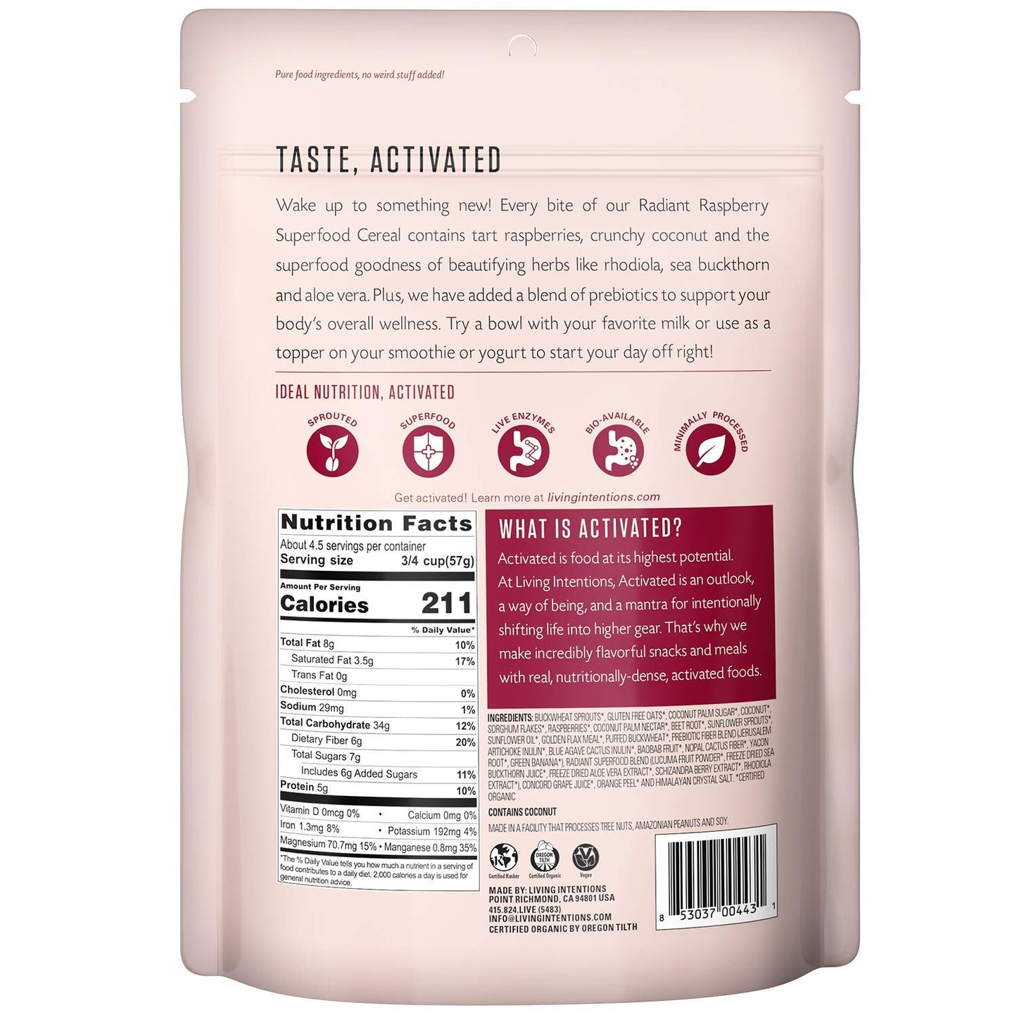 Living Intentions Organic Superfood Cereal - Radiant Raspberry – Nongmo – Gluten Free – Vegan – Paleo – Kosher – 9 Oz