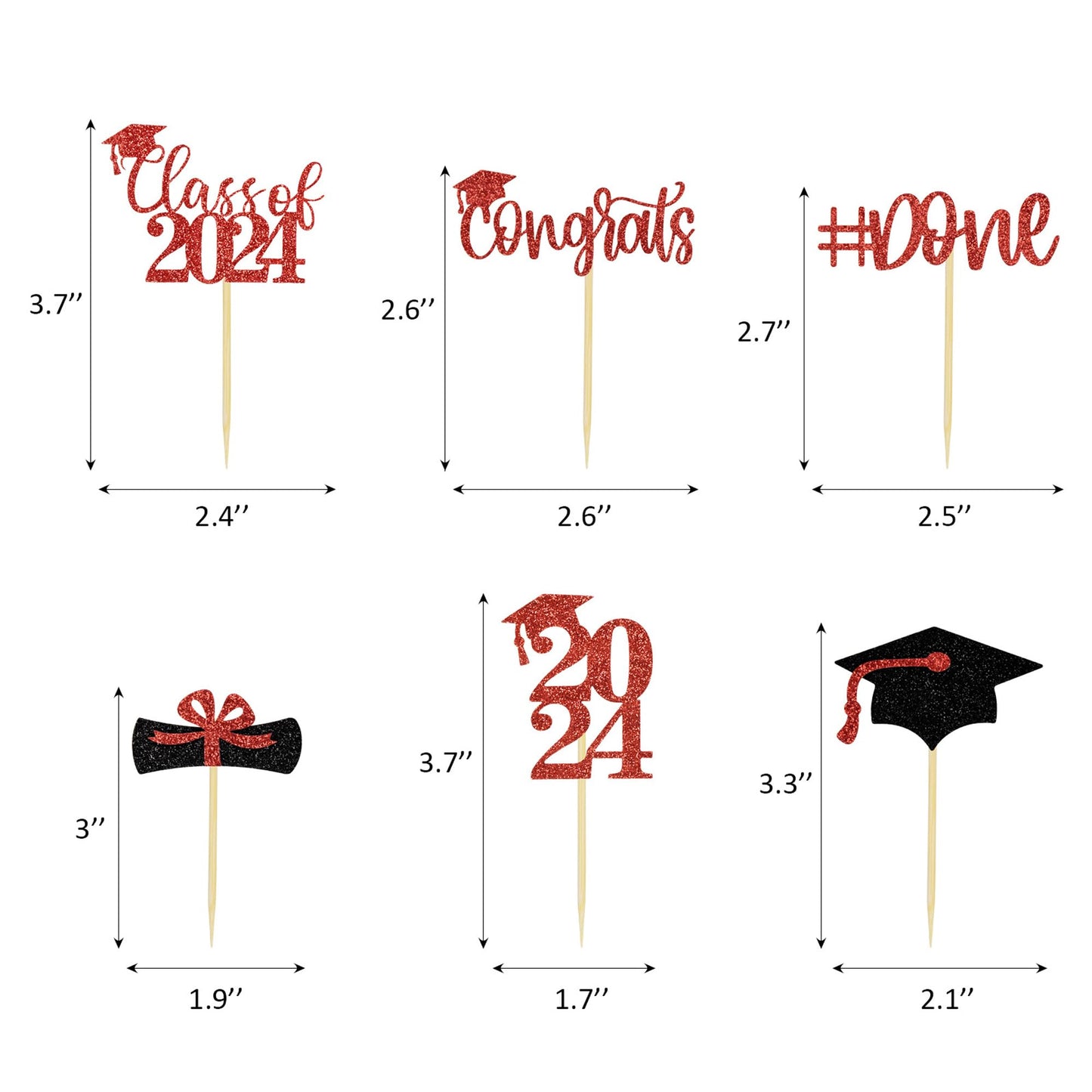 24Pcs Glitter Graduation Cupcake Toppers 2024 Red Cupcake Picks For Graduation Theme Decorations Class Of 2024