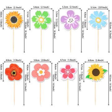 40 Pcs Summer Flowers Cupcake Toppers Double Sided Colorful Sunflower Cupcake Picks Daisy Flower Cake Decorations For Summer Hai