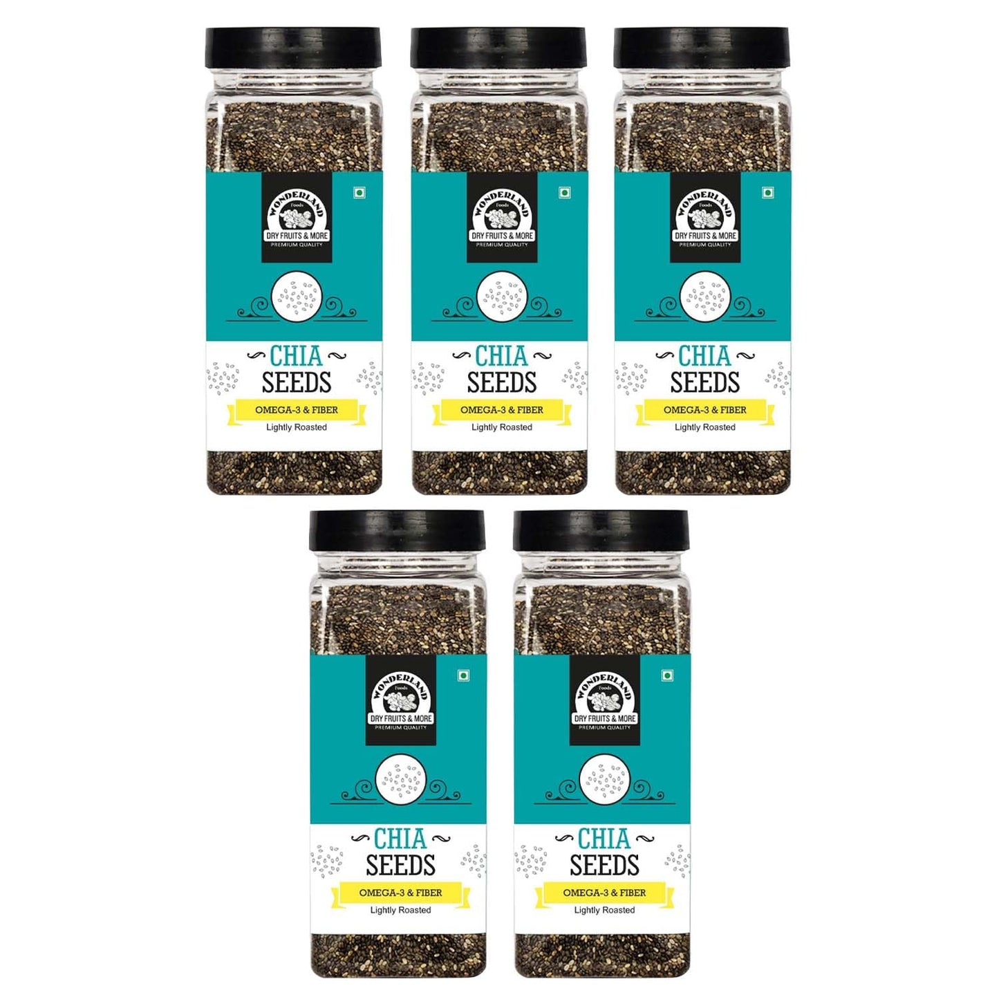 Wonderland Foods Roasted Chia Seeds 1Kg (200G X 5) Pack Of 5 Jar | Rich In Fiber & Omega - 3 | Healthy Sabja Seeds For Weight Ma