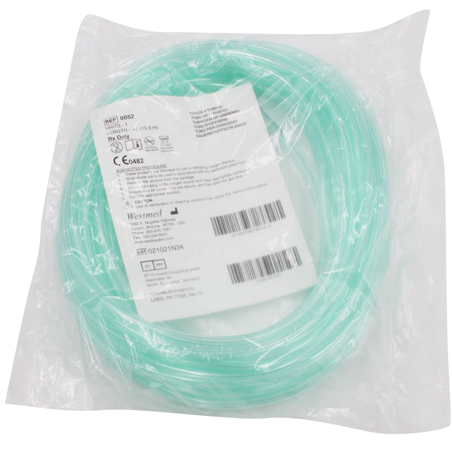 Westmed #0052 50' Green Kink Resistant Oxygen Supply Tubing - Pack Of 1