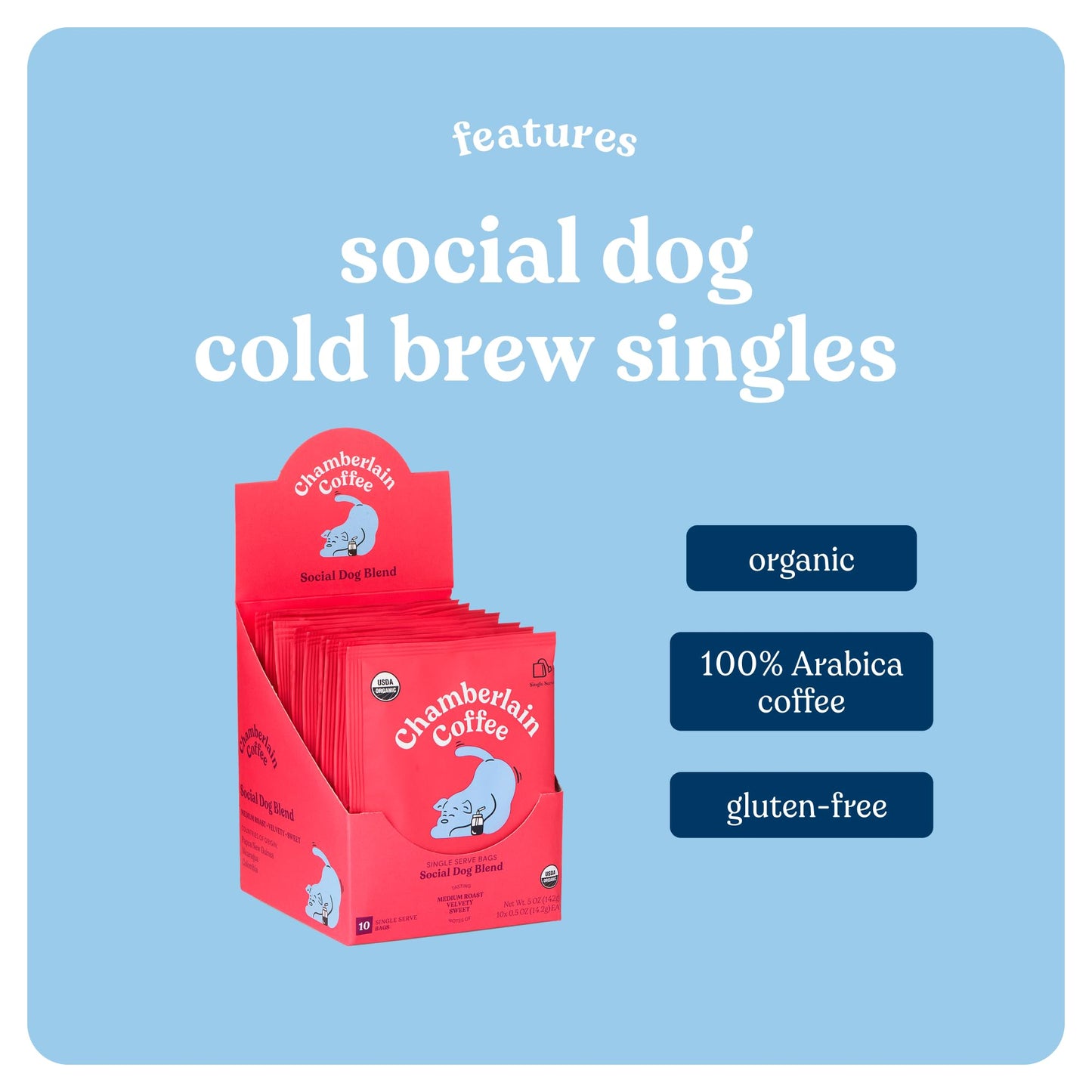 Chamberlain Coffee Social Dog Blend Cold Brew Singles - Full Bodied, Medium Roast Organic Coffee Single Serve Bags With Notes Of Sweet Milk Chocolate, Roasted Peanuts, Velvety Brown Sugar & Graham