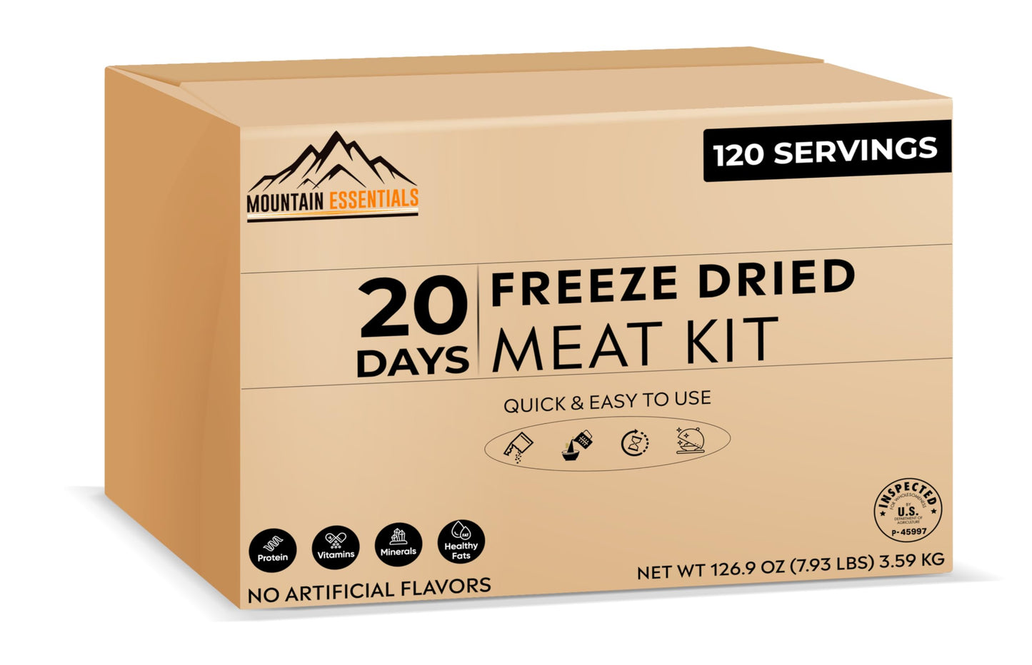 Mountain Essentials 120 Servings Freeze Dried Enhanced Variety Fully Cooked Meat Kit | High Protein Intake Contains 2988 Protein Ready To Eat Emergency Survival Easy Prep Food For Camping & Backpacking