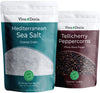 Viva Doria Tellicherry Black Peppercorn, Whole Black Pepper, Black Peppercorns, 12 Oz And Mediterranean Sea Salt, Coarse Grain, 2 Lb, For Grinder Refills (2 Set)