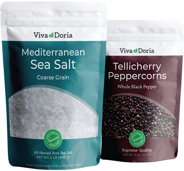Viva Doria Tellicherry Black Peppercorn, Whole Black Pepper, Black Peppercorns, 12 Oz And Mediterranean Sea Salt, Coarse Grain, 2 Lb, For Grinder Refills (2 Set)