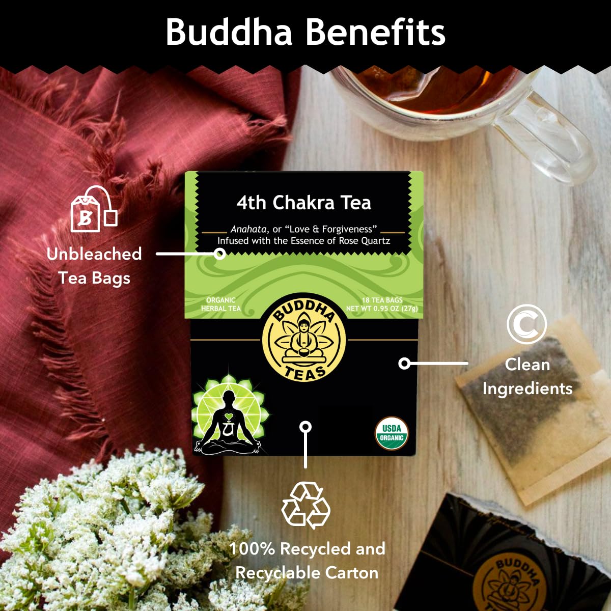 Buddha Teas - 4Th Chakra Tea - Organic Herbal Tea - For Balance, Love & Forgiveness - With Hawthorn Berry, Lavender, Hyssop & Rose Quartz Essence - Ou Kosher - 18 Tea Bags (Pack Of 1)