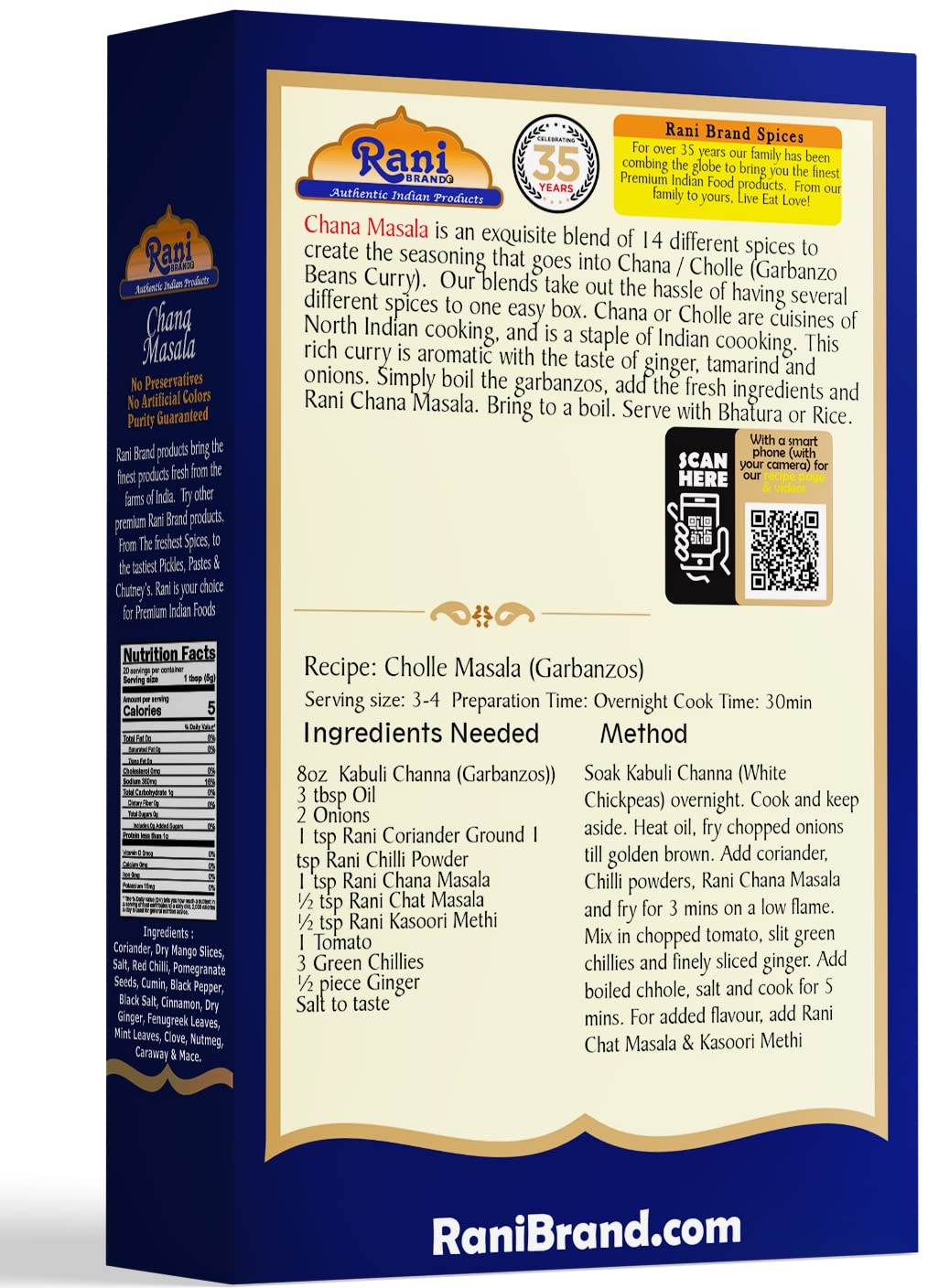 Rani Chana Masala (Garbanzo Curry 15-Spice Blend) 3.5Oz (100G) ~ All Natural | Vegan | No Colors | Gluten Friendly | Non-Gmo | Indian Origin