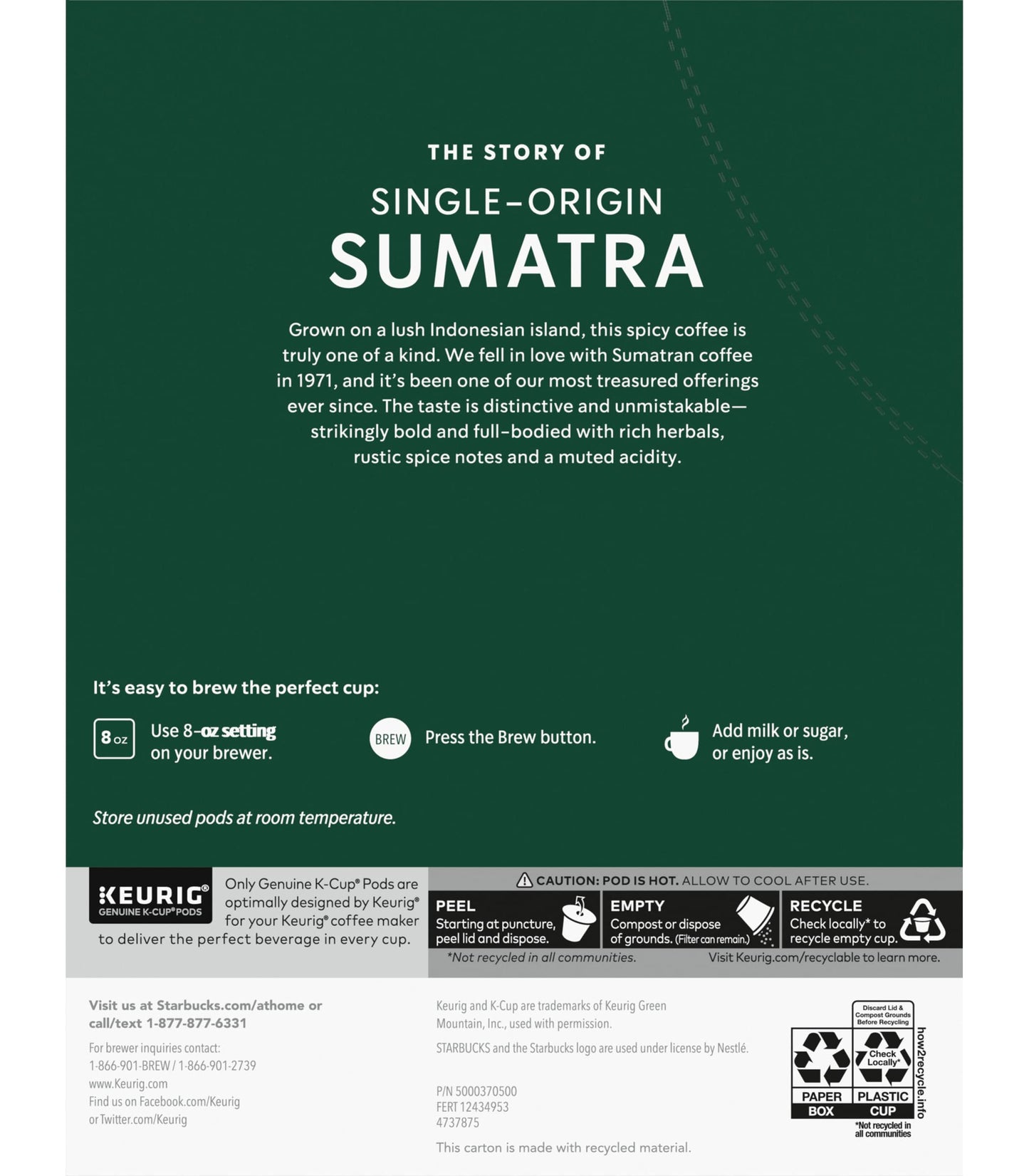 Starbucks Sumatra Single-Origin Coffee K-Cup Pods, Dark Roast Ground Coffee With Earthy & Herbal Flavor, 24 Ct K-Cup Pods Per Bo