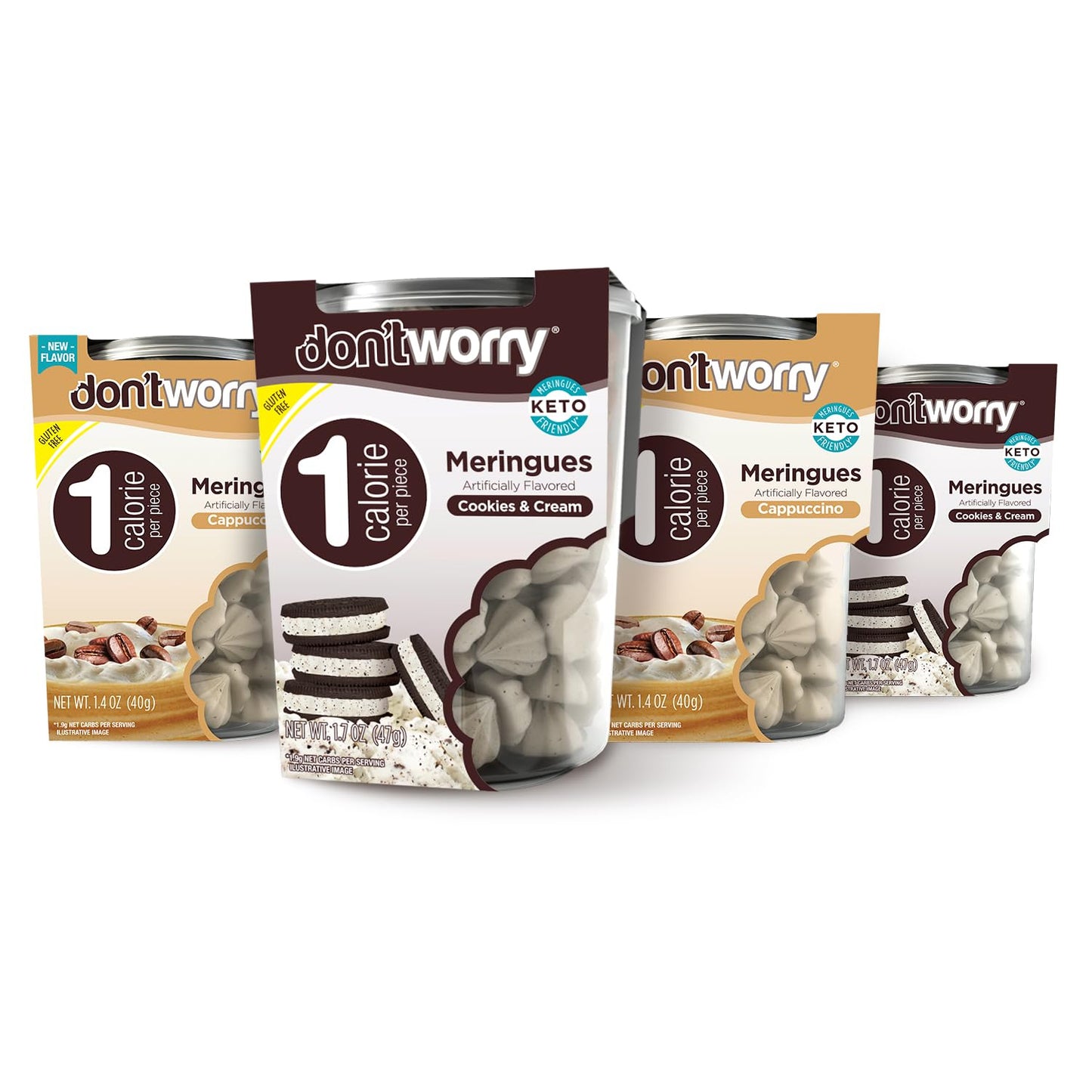 Don't Worry Low Calorie Meringue Cookies - 4 Pack - Capuccino and Cookies & Cream, Just 1 Calorie per Piece | Low Sugar Candy, G