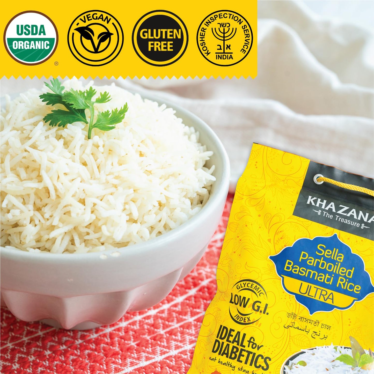 Khazana Basmati Rice - Authentic Ultra Long Grain, Non-GMO, Gluten Free, 10 lb Bag, Aromatic, White
