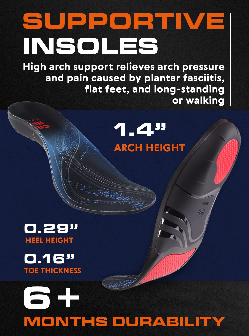 (220+Lbs) Plantar Fasciitis Strong Arch Support Insoles Inserts Men Women - Flat Feet - High Arch Insoles - Boot Work Shoe Insol