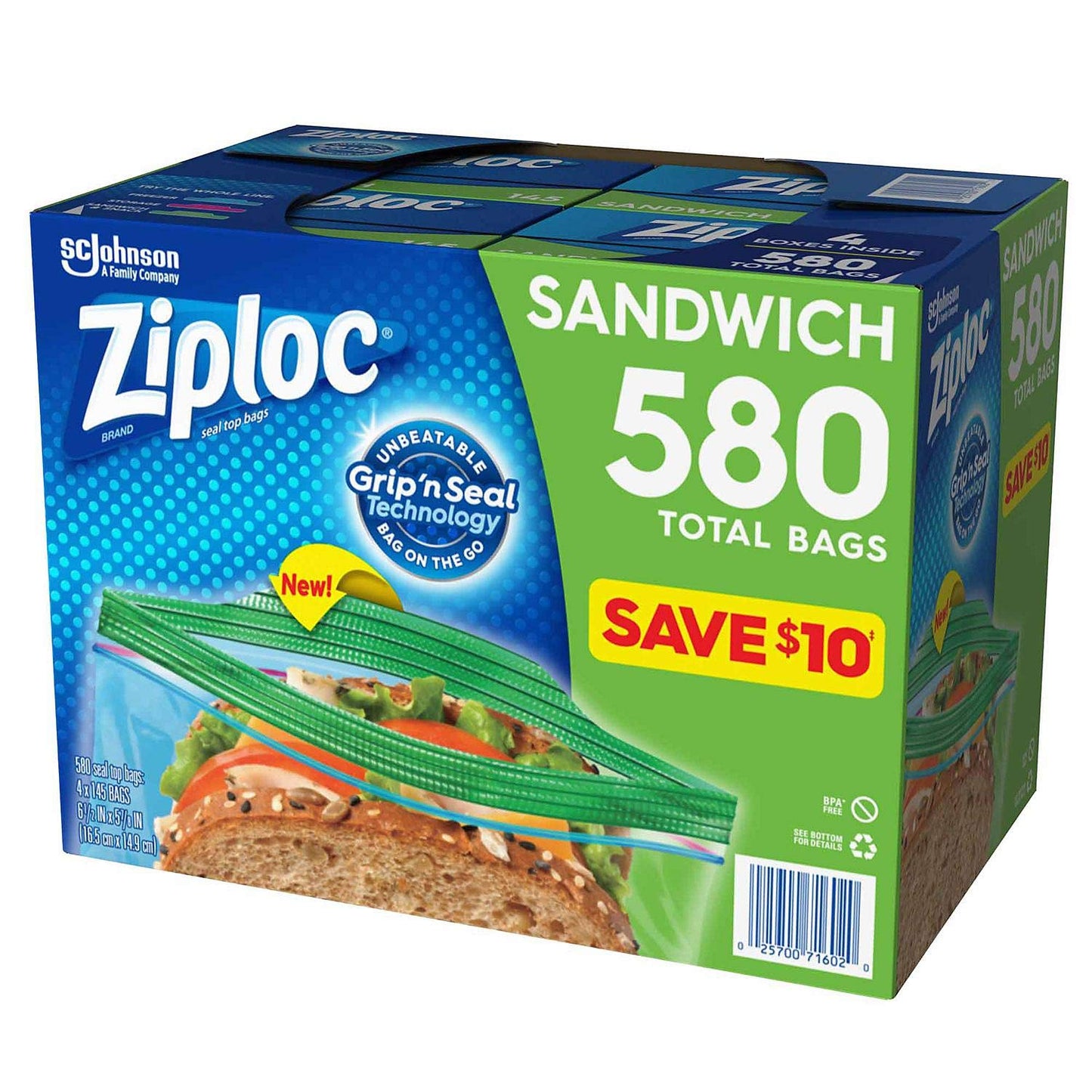 Ziploc Easy Open Tabs Sandwich Bags 580, 145 Count (Pack Of 4)