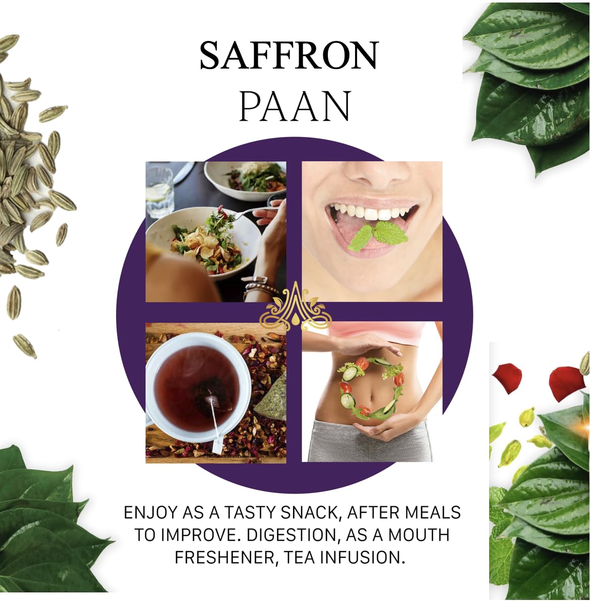Aryaa Organic Saffron Kesar Paan | 8.75Oz (250G) | Ayurvedic Digestive, Mouth Freshener & Herbal Tea | Vegan, Gluten-Free, Non-G