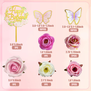 DRWATE 28Pcs Butterfly Cake Topper Set with Artificial Flowers - Pink & Purple Decorations for Birthday & Anniversary Parties